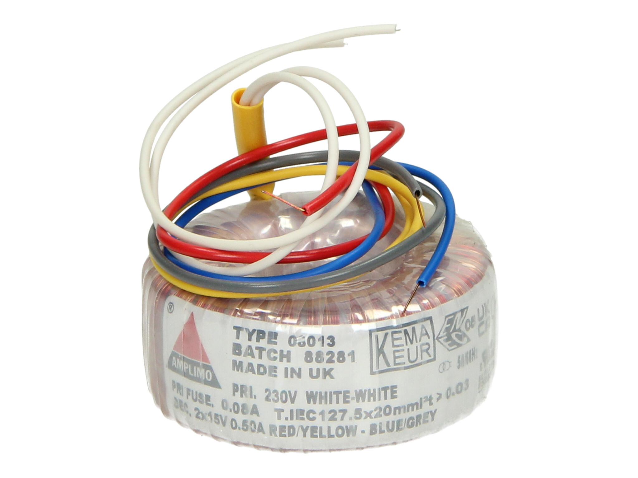 Amplimo 08013 ringkerntrafo 230V naar 2 x 15V 15VA