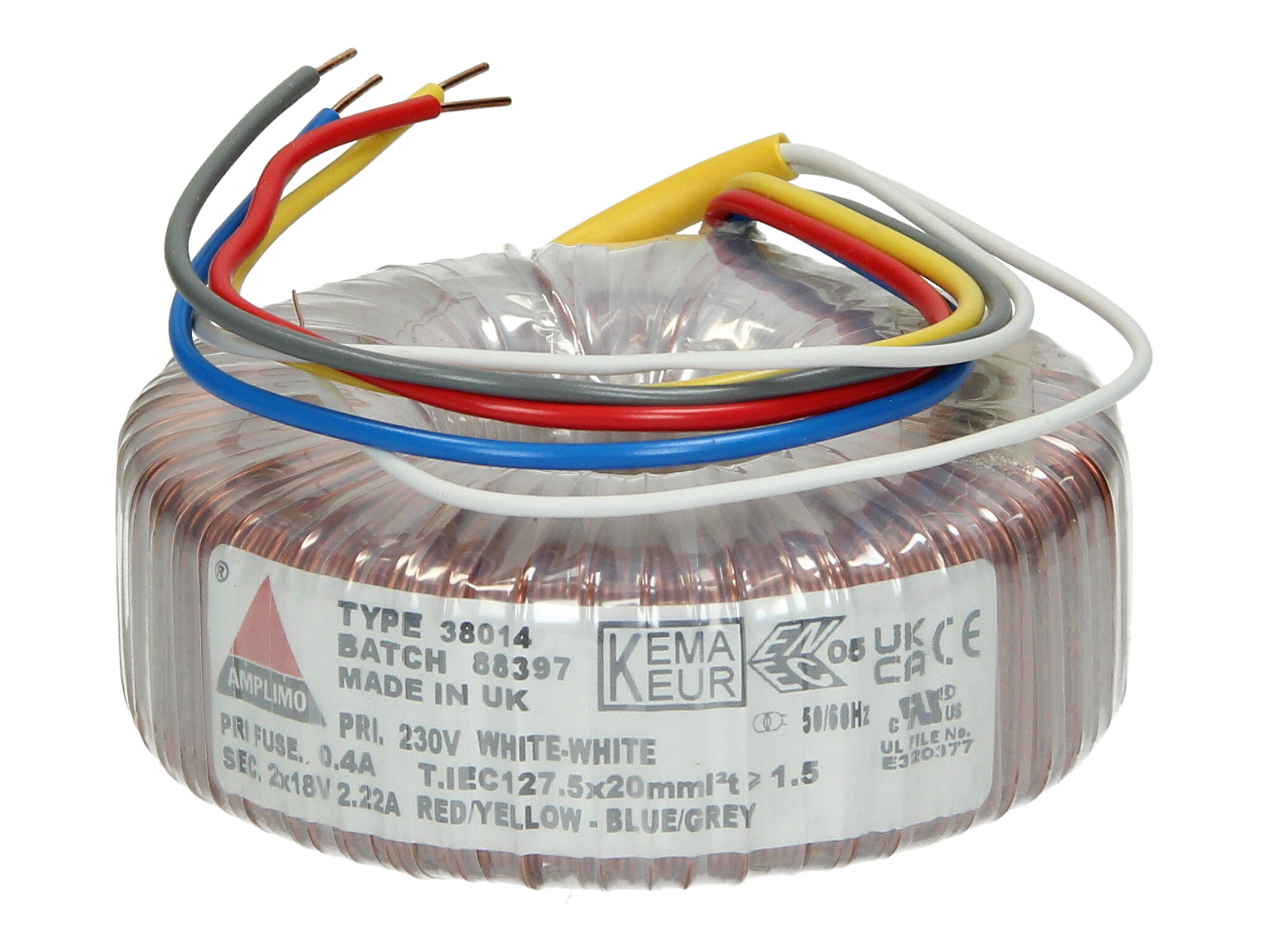 Amplimo 38014 ringkerntrafo 230V naar 2x 18V 80VA