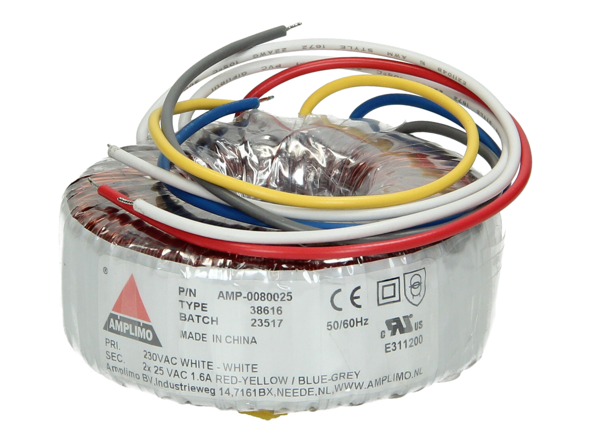 Amplimo 38616 ringkerntrafo 230V naar 2x 25V 80VA