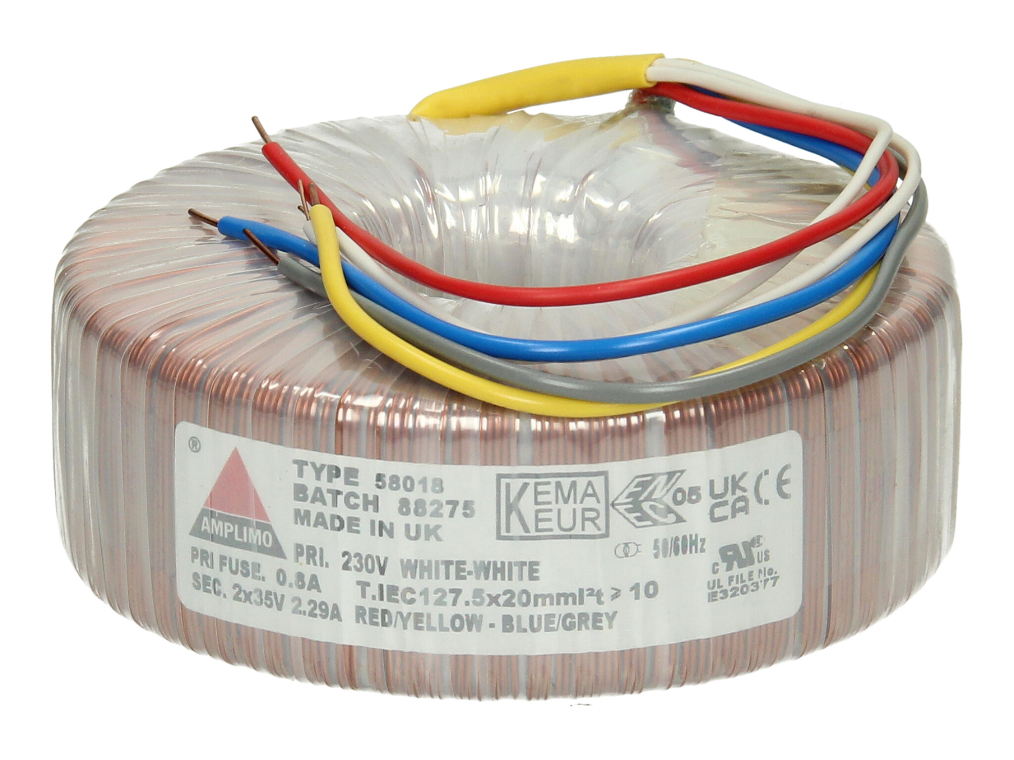 Amplimo 58018 ringkerntrafo 230V naar 2x 35V 160VA