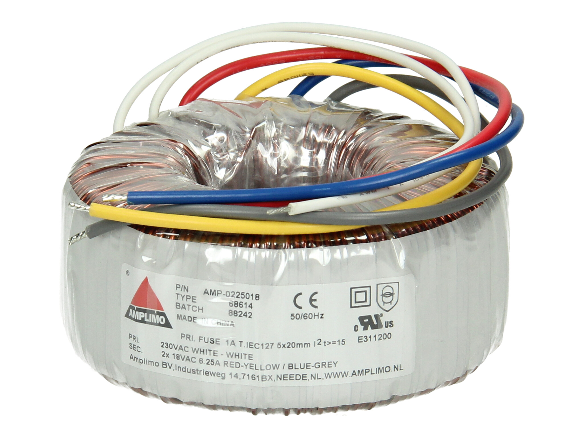 Amplimo 68614 ringkerntrafo 230V naar 2x 18V 225VA